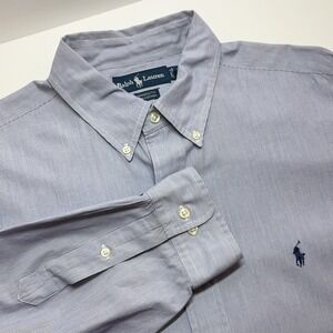 Ralph Lauren‎ Mens Shirt Yarmouth L 17 32/33 Blue Stripe Pony Logo Preppy Office